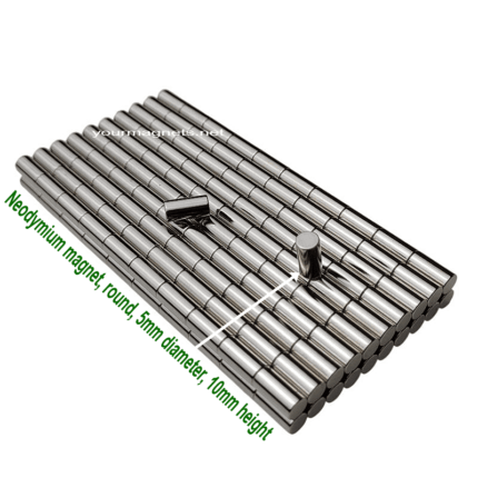 Neodymium magnet, round, 5mm diameter, 10mm height, N35