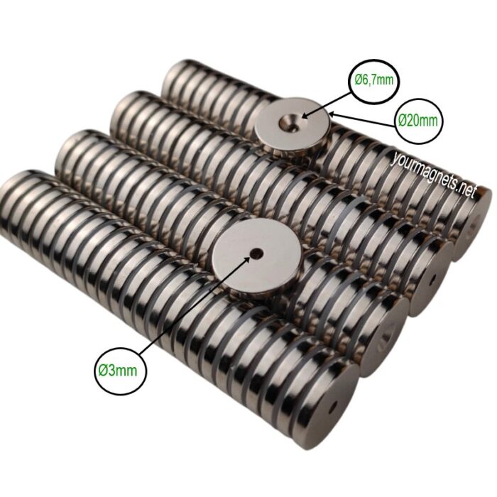 Neodym ring magnet Ø20mm x 3mm x Ø3mm/Ø6.7mm countersunk hole (north pole), N45