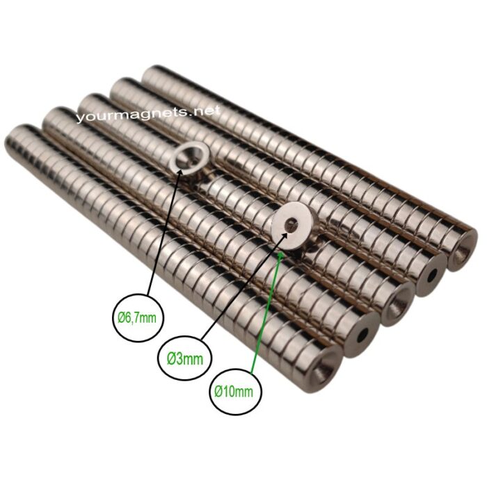 Neodym ring magnet Ø10mm x 3mm x Ø3mm/Ø6.7mm countersunk hole (north pole), N52