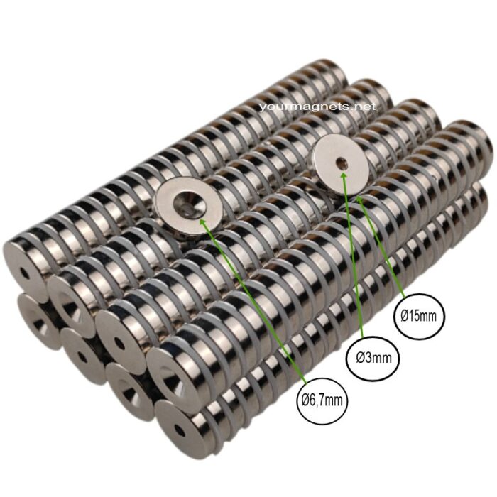 Neodym ring magnet Ø15mm x 3mm x Ø3mm/Ø6.7mm countersunk hole (north pole), N52