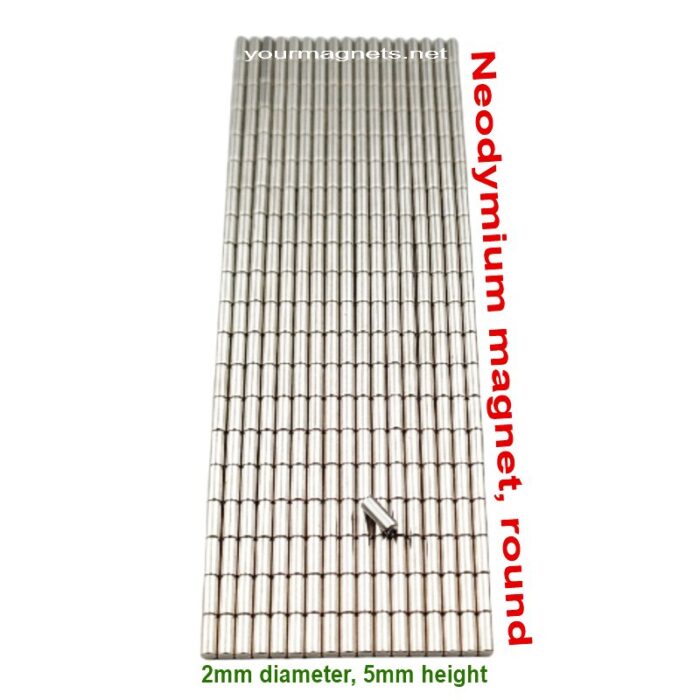 Neodymium magnet, round, 2mm diameter, 5mm height, N52