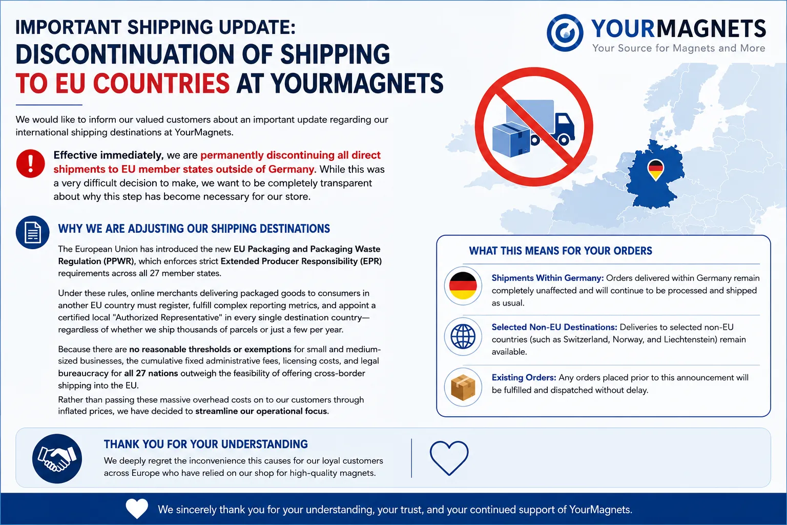 Important Shipping Update: Discontinuation of Shipping to EU Countries at YourMagnets