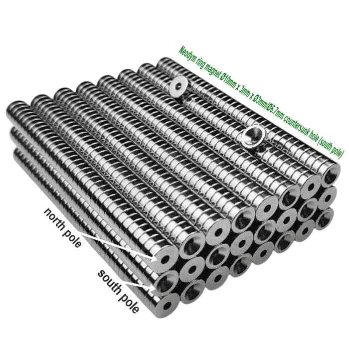 Neodymium ring magnet Ø10mm x 3mm x Ø3mm/Ø6.7mm countersunk hole (south pole), N52