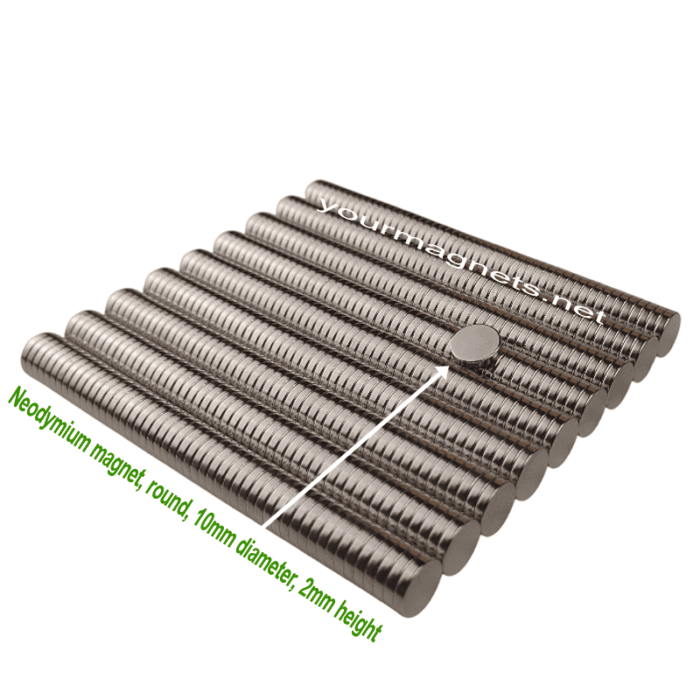 Neodymium magnet, round, 10mm diameter, 2mm height, N35