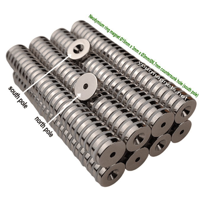 Neodymium ring magnet Ø15mm x 3mm x Ø3mm/Ø6.7mm countersunk hole (south pole), N52