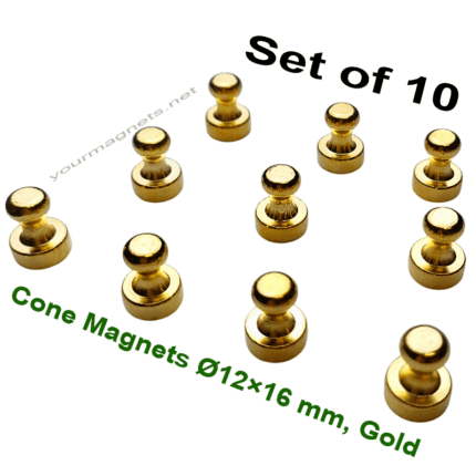 Cone Magnets Ø12×16 mm, Gold, with Neodymium Core – Set of 10