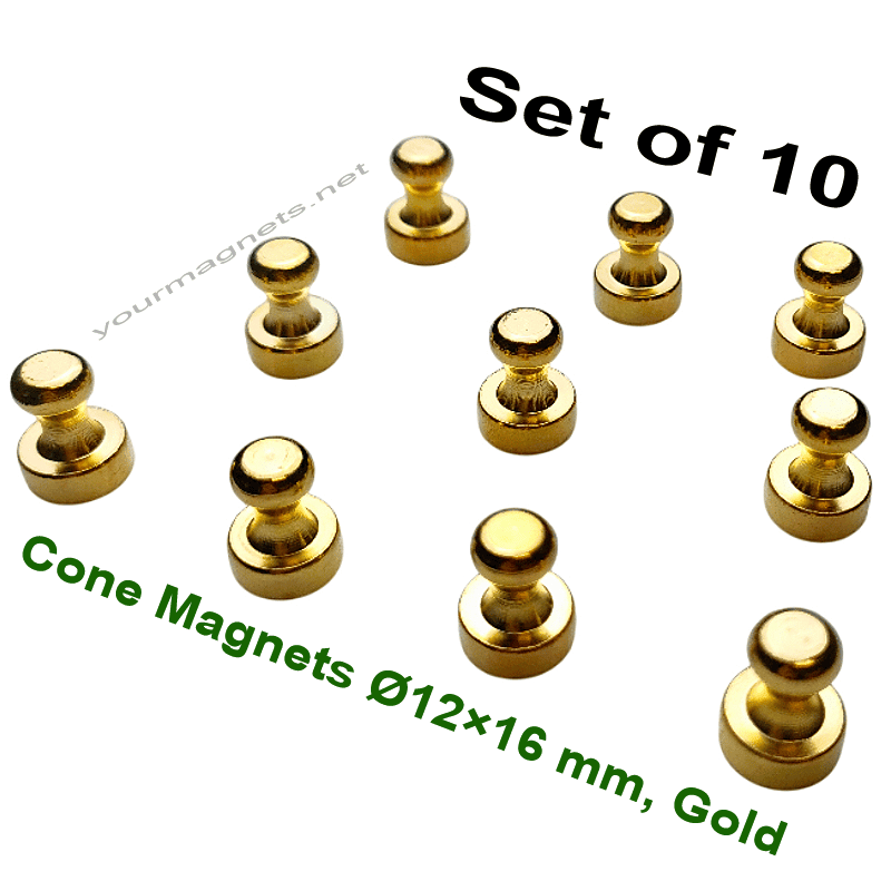 Cone Magnets Ø12×16 mm, Gold, with Neodymium Core – Set of 10 Cone Magnets Ø12×16 mm, Gold, with Neodymium Core – Set of 10