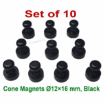 Cone Magnets Ø12×16 mm, Black, with Neodymium Core – Set of 10