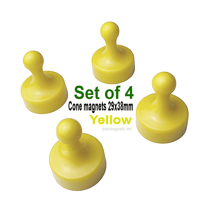 Cone Magnets Ø29×38 mm, Yellow, with Neodymium Core – Set of 4